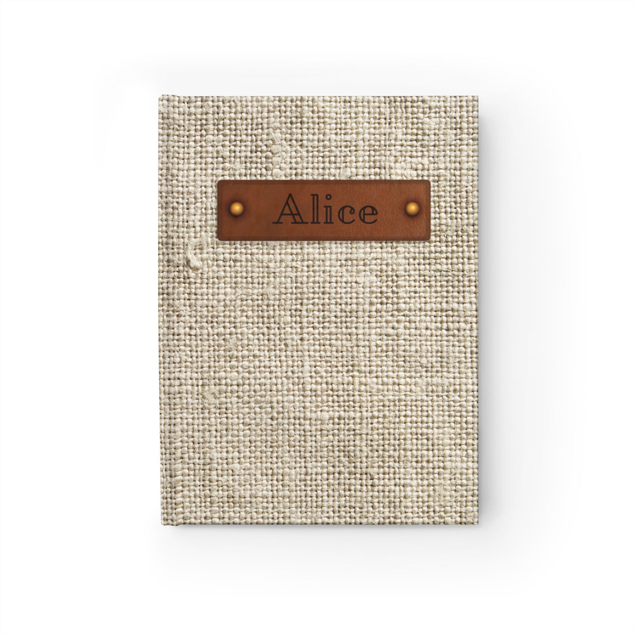 Natural Linen and Leather Name Plate All-Over-Print Hardcover Journal, Matte with Lined or Blank Pages, Luxury Printed Cover