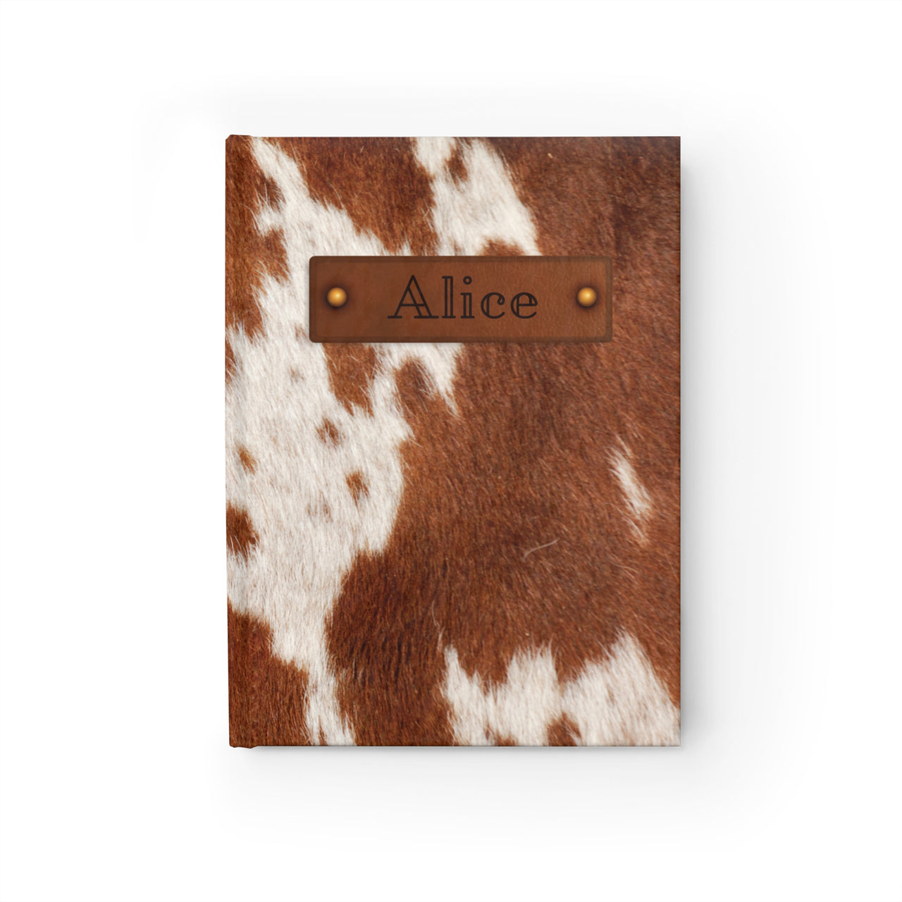 Cow Print and Leather Name Plate All-Over-Print Hardcover Journal, Matte with Lined or Blank Pages, Luxury Look Printed Cover