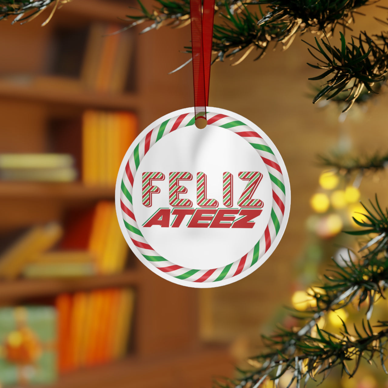 Personalized Ateez 2024 Holiday Ornament, Custom Feliz Ateez" Red Green White Pepperment Design Metal Christmas Ornament, Atiny Merch