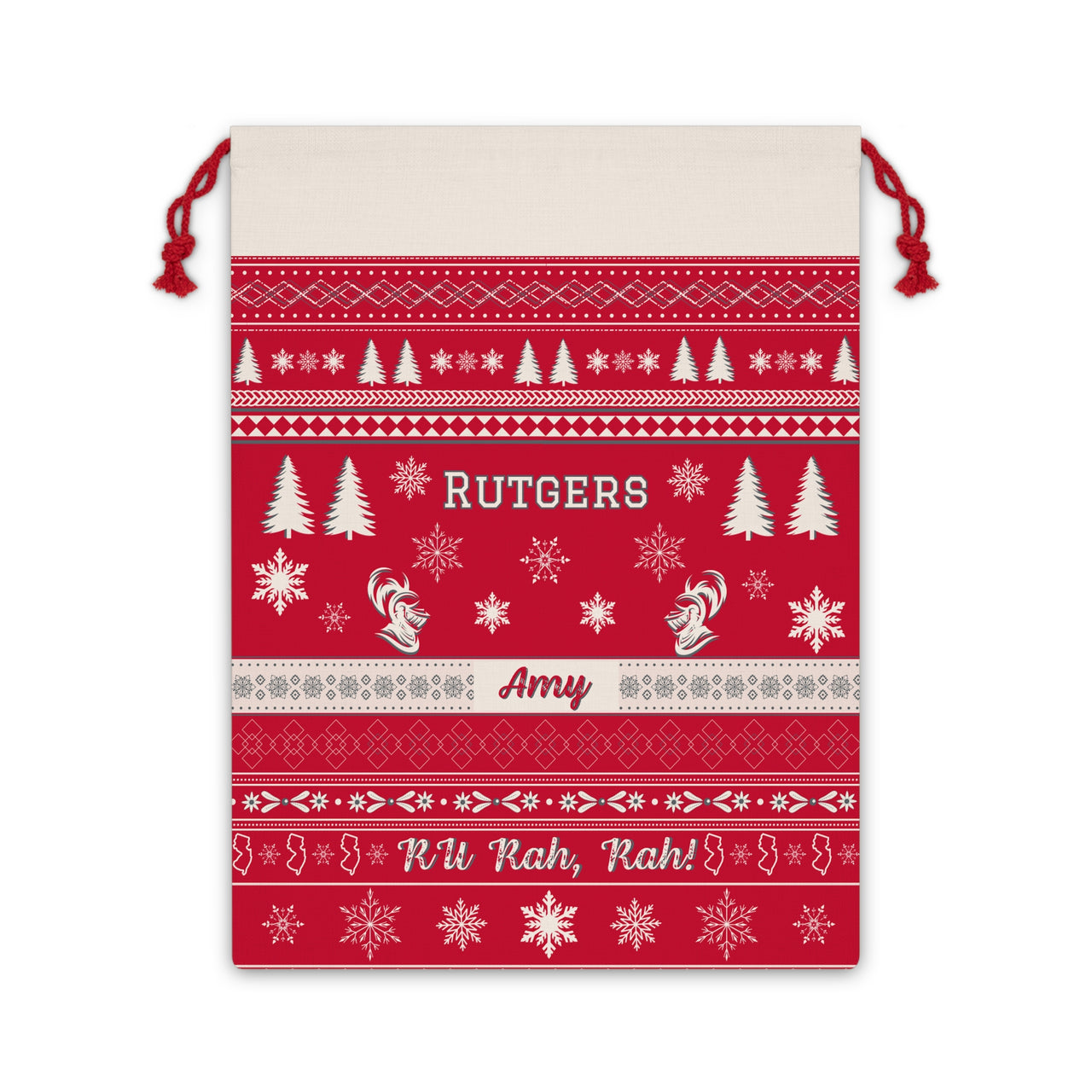 Personalized Rutgers Inspired Sweater Print Canvas Santa Sack, Custom Gift Bag