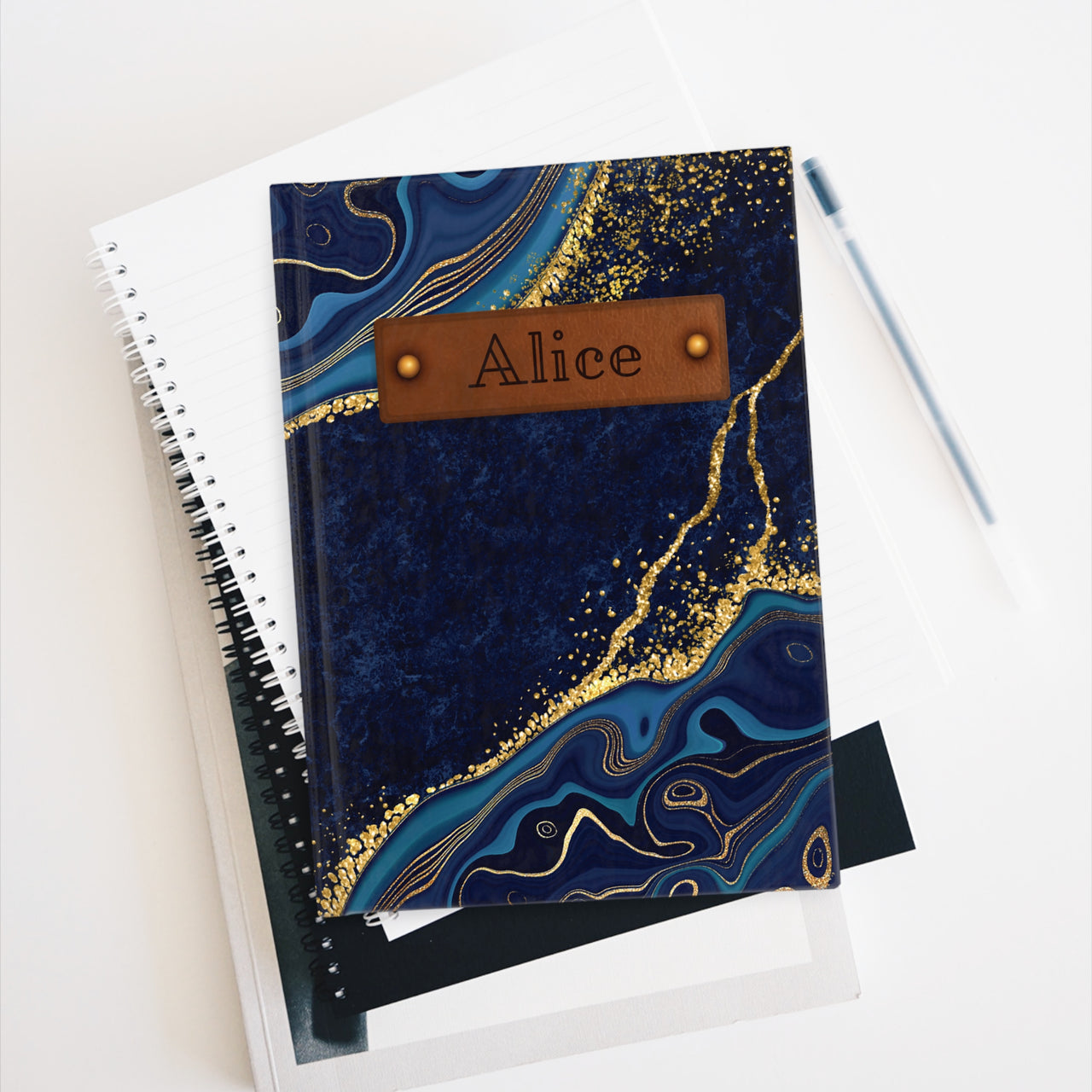 Blue Agate and Leather Name Plate All-Over-Print Hardcover Journal, Matte with Lined or Blank Pages, Luxury Look Printed Cover