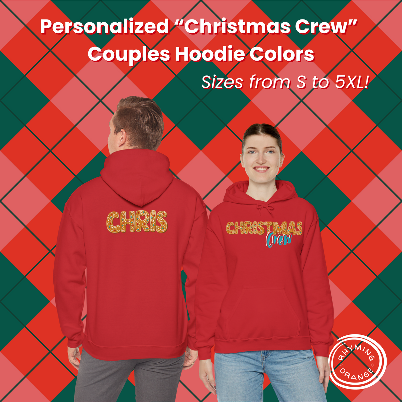 Personalized "Christmas Crew" Gingerbread Couple Shirts, Custom Holidays Hooded Sweatshirts Hoodies, Couples Matching Pajamas Outfits