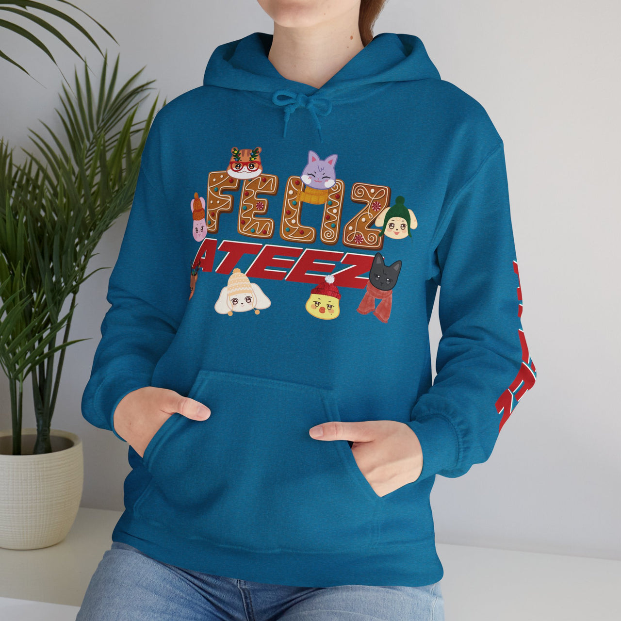 Aniteez "Feliz Ateez" Holiday Hoodie, Ateez Gingerbread Hooded Christmas Sweatshirt