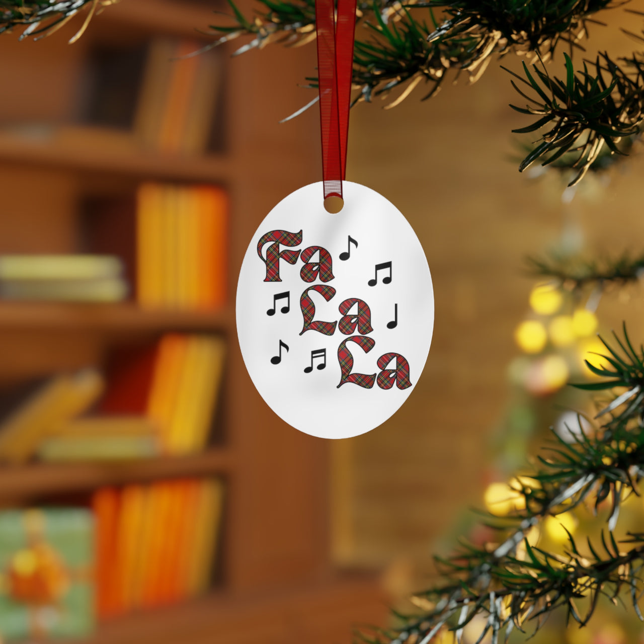 Personalized Holiday Song Metal Ornament, Christmas Plaid "Fa La La" Music Notes Ornament, Band Choir Orchestra Teacher Director Gift