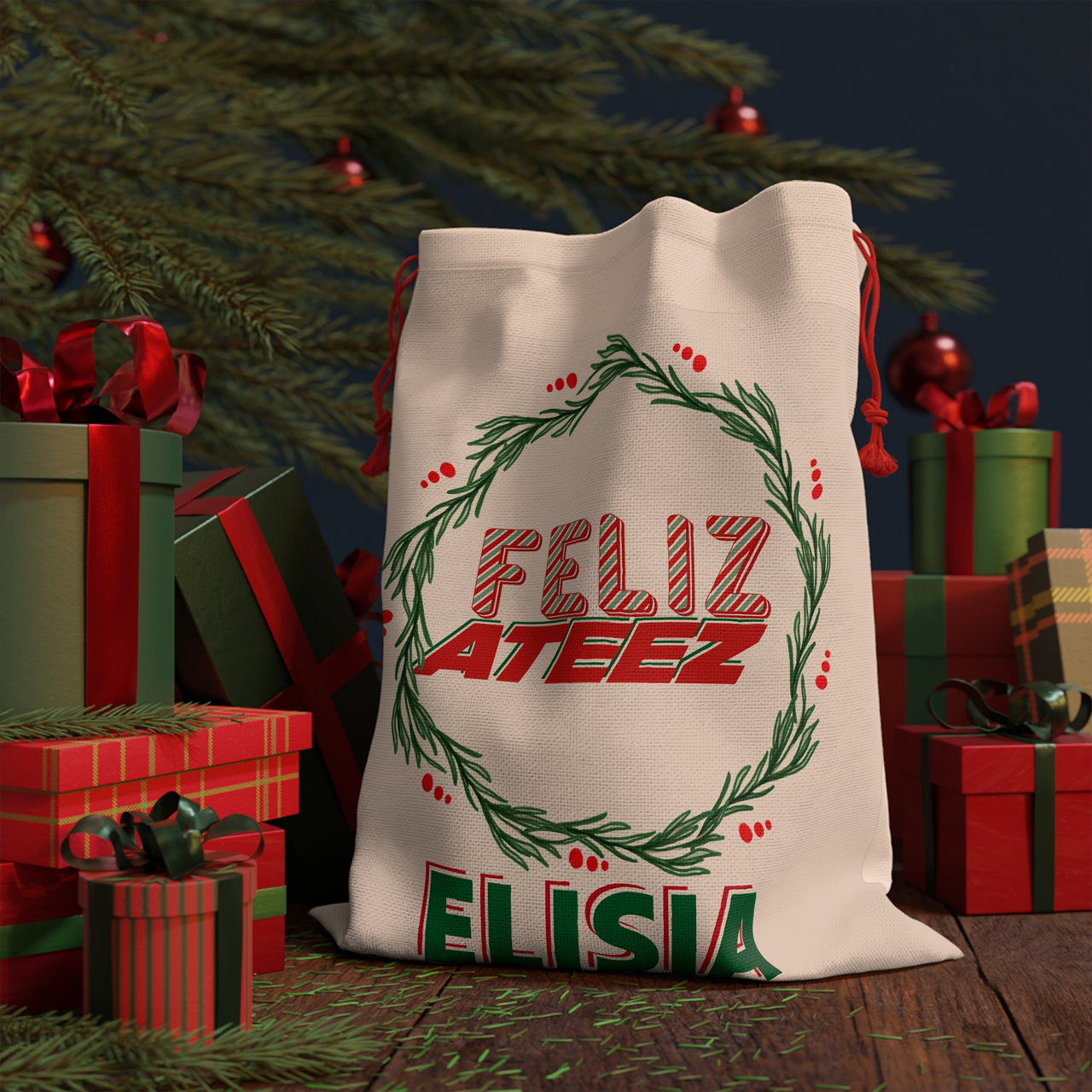 Personalized Ateez Santa Sack, Custom "Feliz Ateez" Holiday Gift Bag, KPop Fan Christmas Merch, Canvas Present Tote