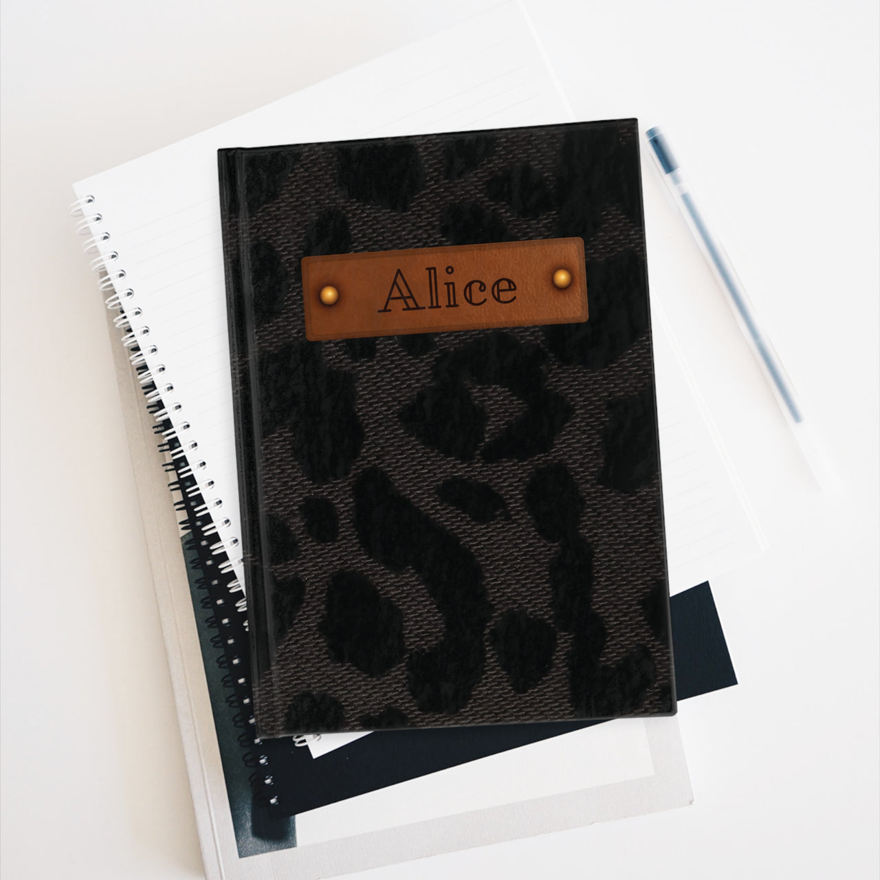 Black Velvet Cheetah and Leather Name Plate All-Over-Print Hardcover Journal, Matte with Lined or Blank Pages, Luxury Look Printed Cover