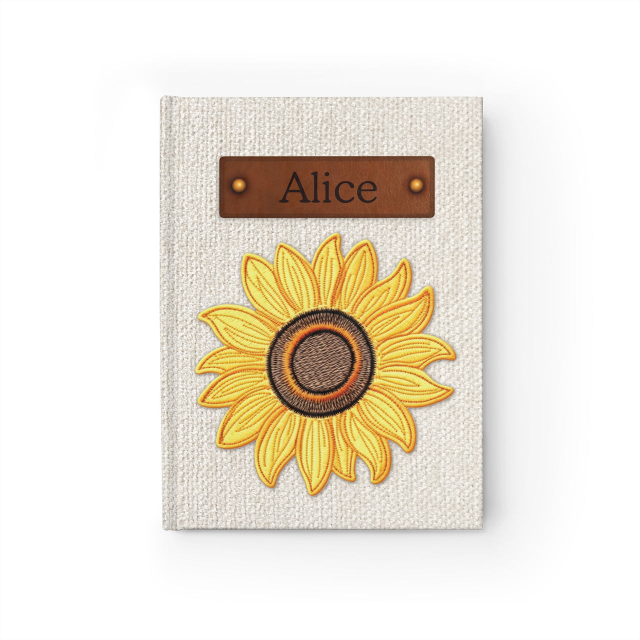 Sunflower Embroidery and Leather Name Plate All-Over-Print Hardcover Journal, Matte with Lined or Blank Pages, Luxury Look Printed Cover