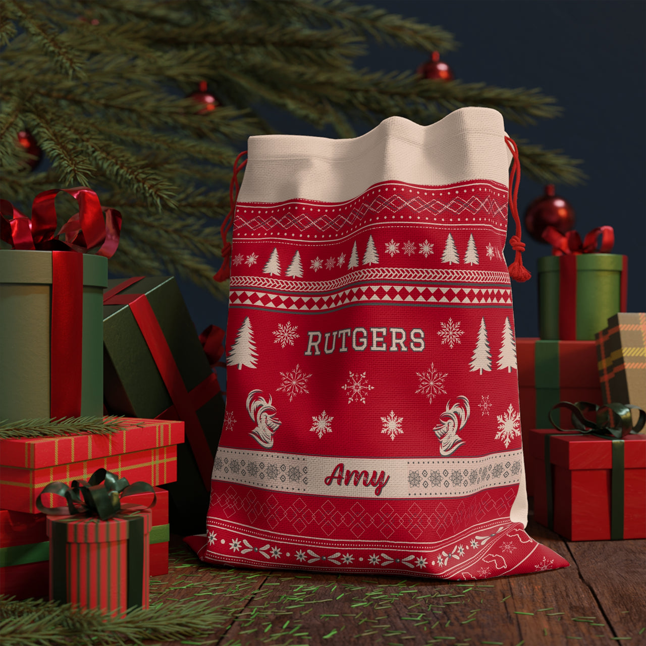 Personalized Rutgers Inspired Sweater Print Canvas Santa Sack, Custom Gift Bag