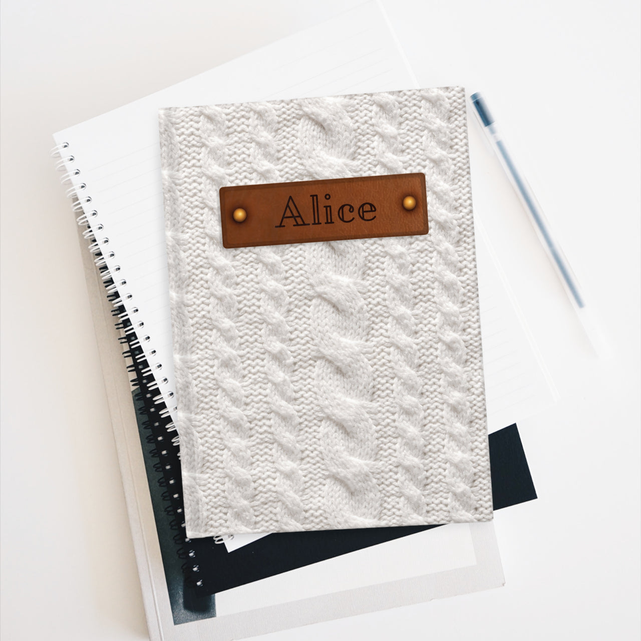 Cream Cable Sweater and Leather Name Plate All-Over-Print Hardcover Journal, Matte with Lined or Blank Pages, Luxury Look Printed Cover