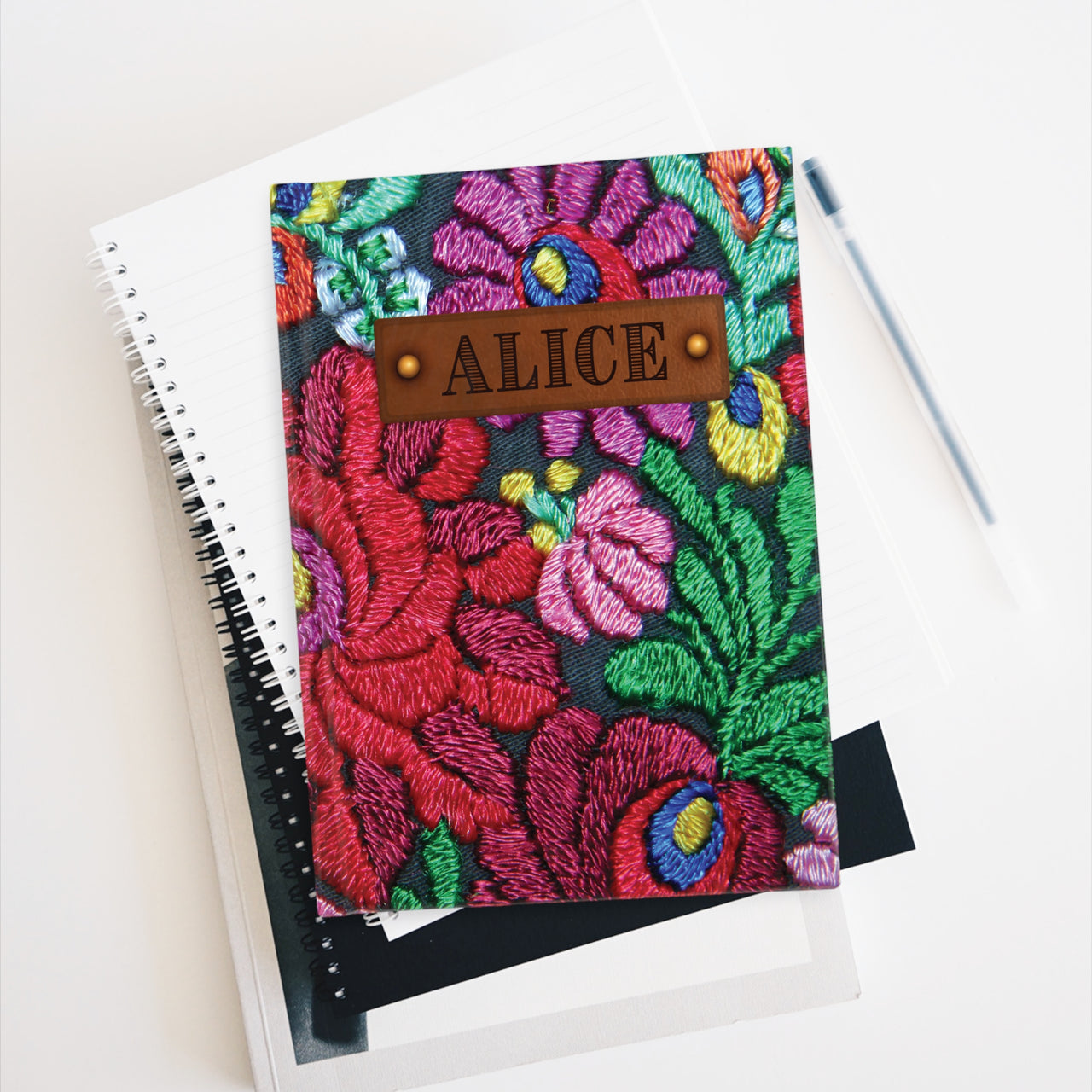 Bright Floral Embroidery and Leather Name Plate All-Over-Print Hardcover Journal, Matte with Lined or Blank Pages, Luxury Look Printed Cover