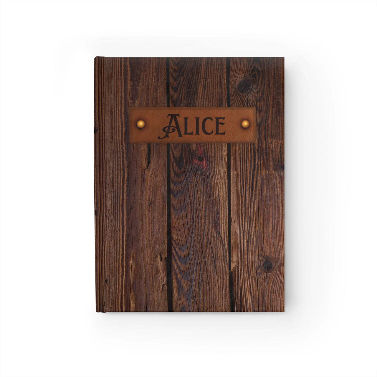 Walnut and Leather Name Plate All-Over-Print Hardcover Journal Matte with Lined or Blank Pages, Luxury Look Printed Cover