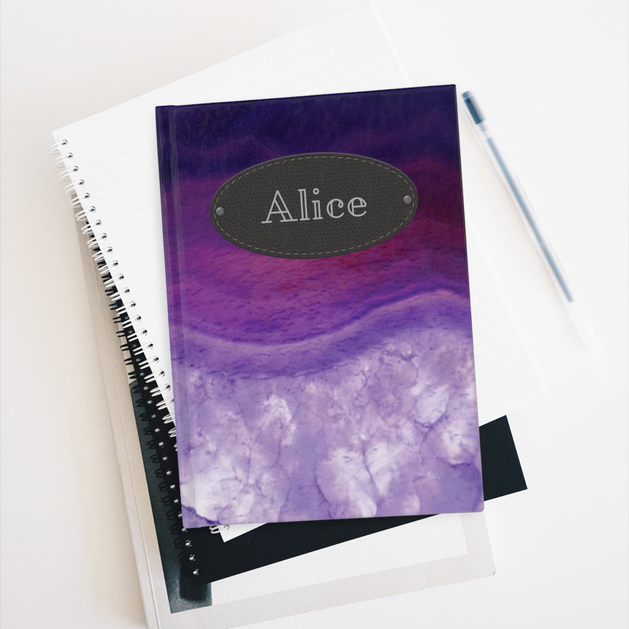 Purple Agate and Leather Name Plate All-Over-Print Hardcover Journal, Matte with Lined or Blank Pages, Luxury Look Printed Cover