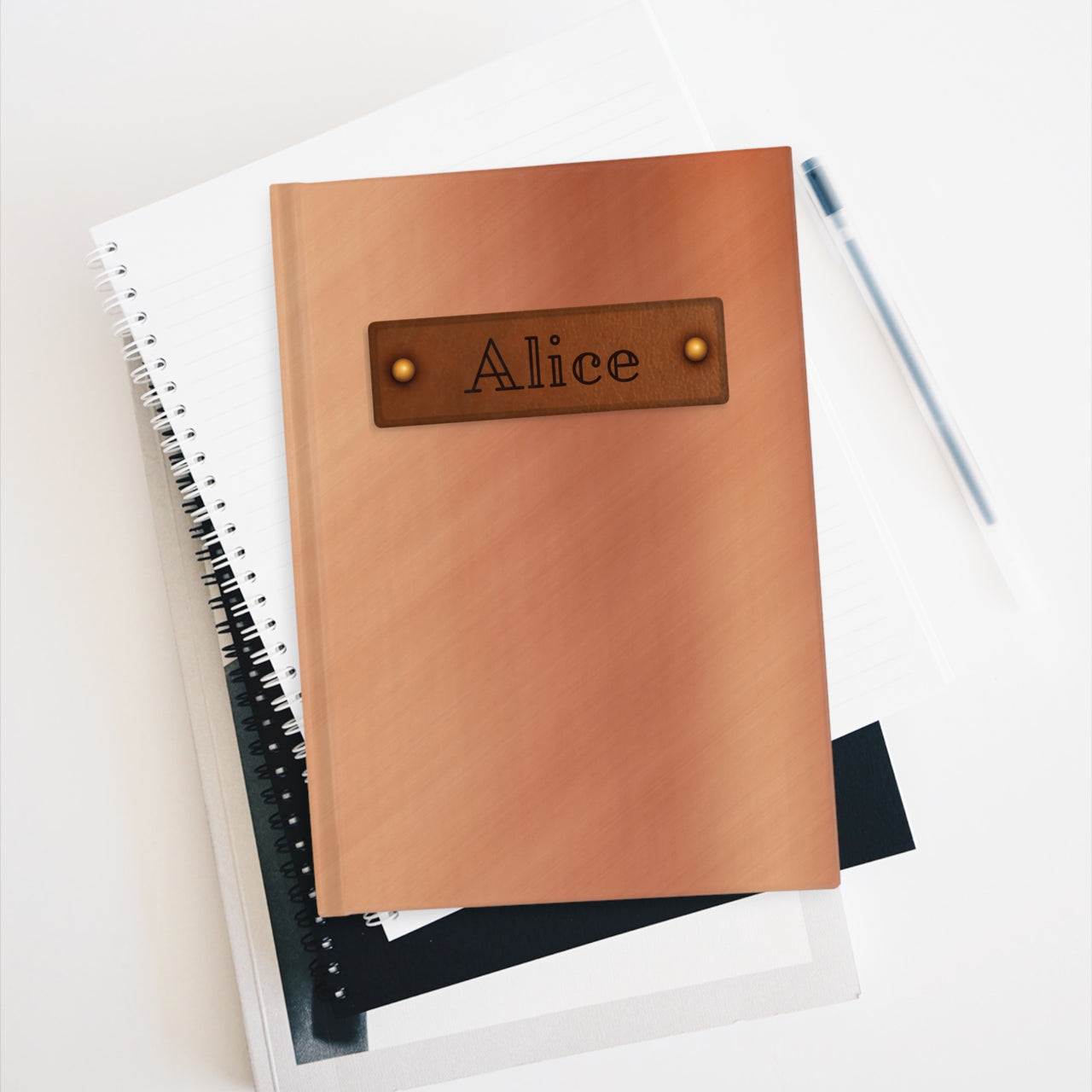 Copper and Leather Name Plate All-Over-Print Hardcover Journal Matte with Lined or Blank Pages, Luxury Look Printed Cover