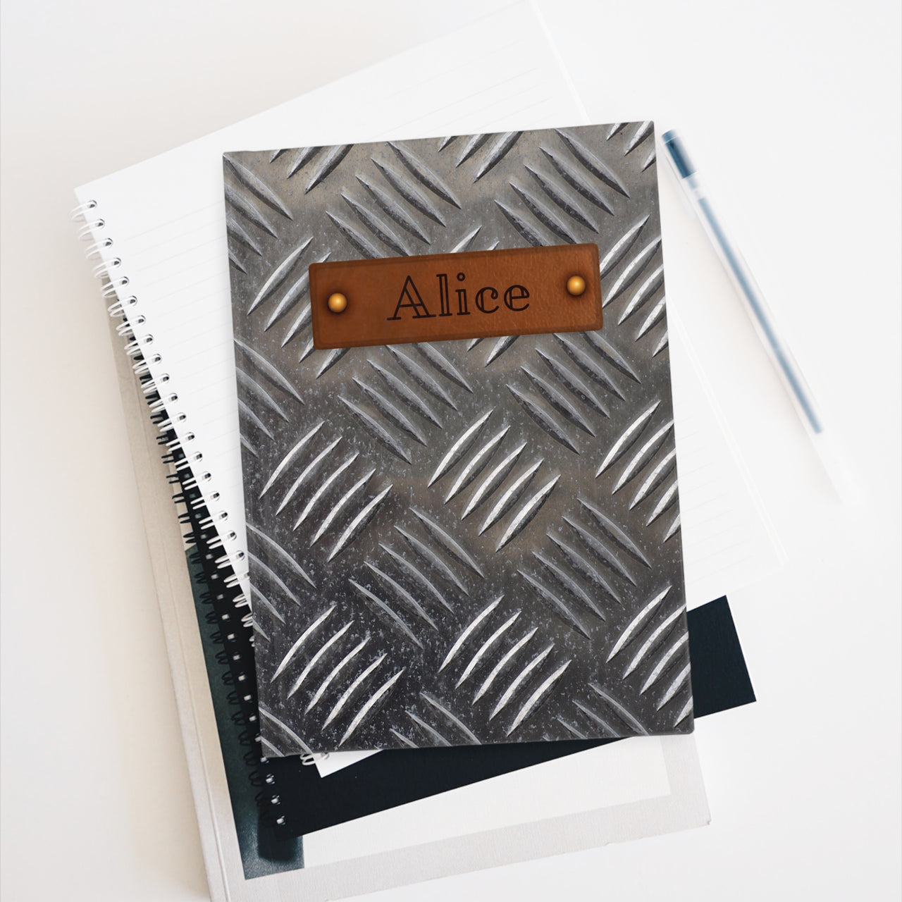 Metal and Leather Name Plate All-Over-Print Hardcover Journal Matte with Lined or Blank Pages, Luxury Look Printed Cover