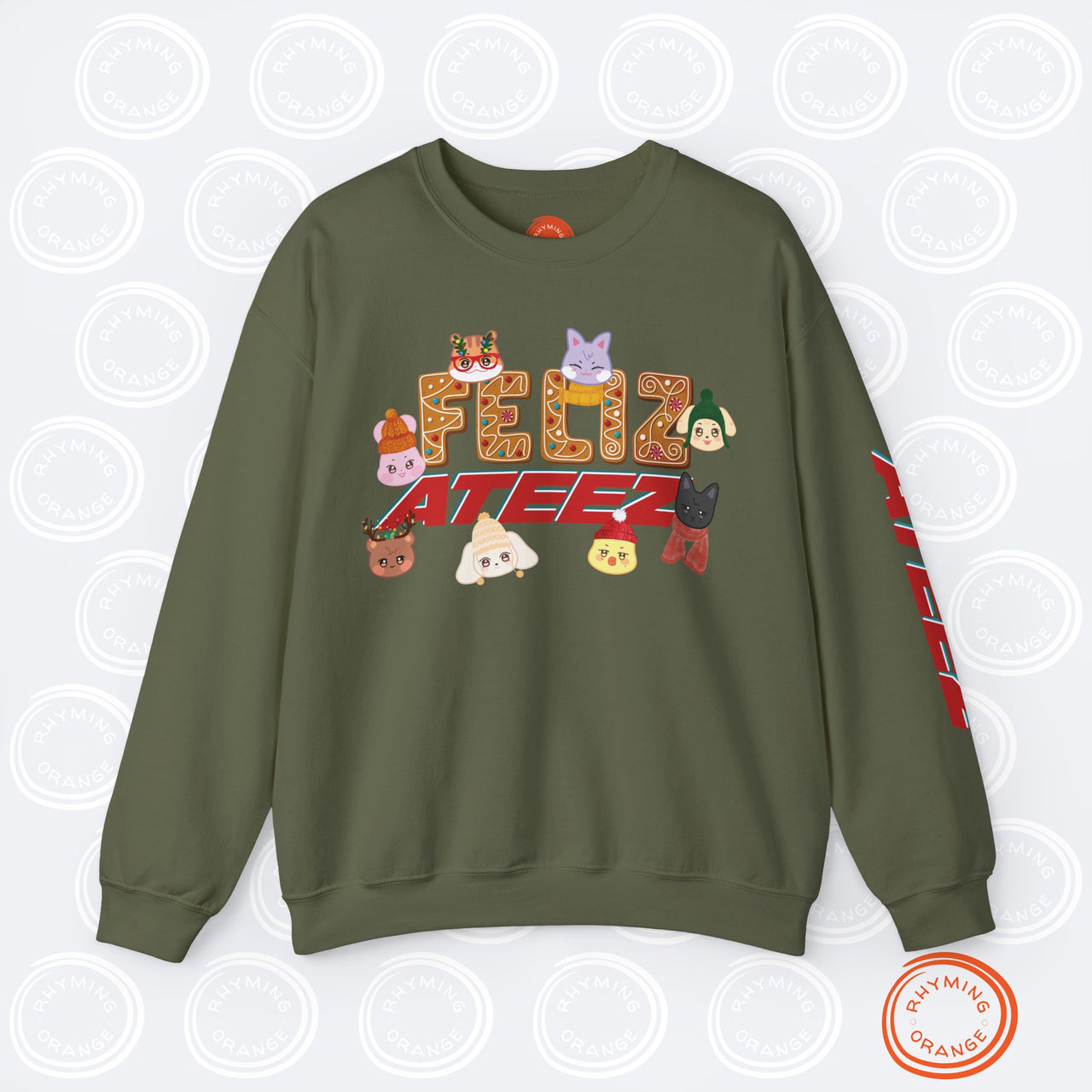 Aniteez "Feliz Ateez" Holiday Sweatshirt, Ateez Gingerbread Sleeve Print Christmas Sweatshirt