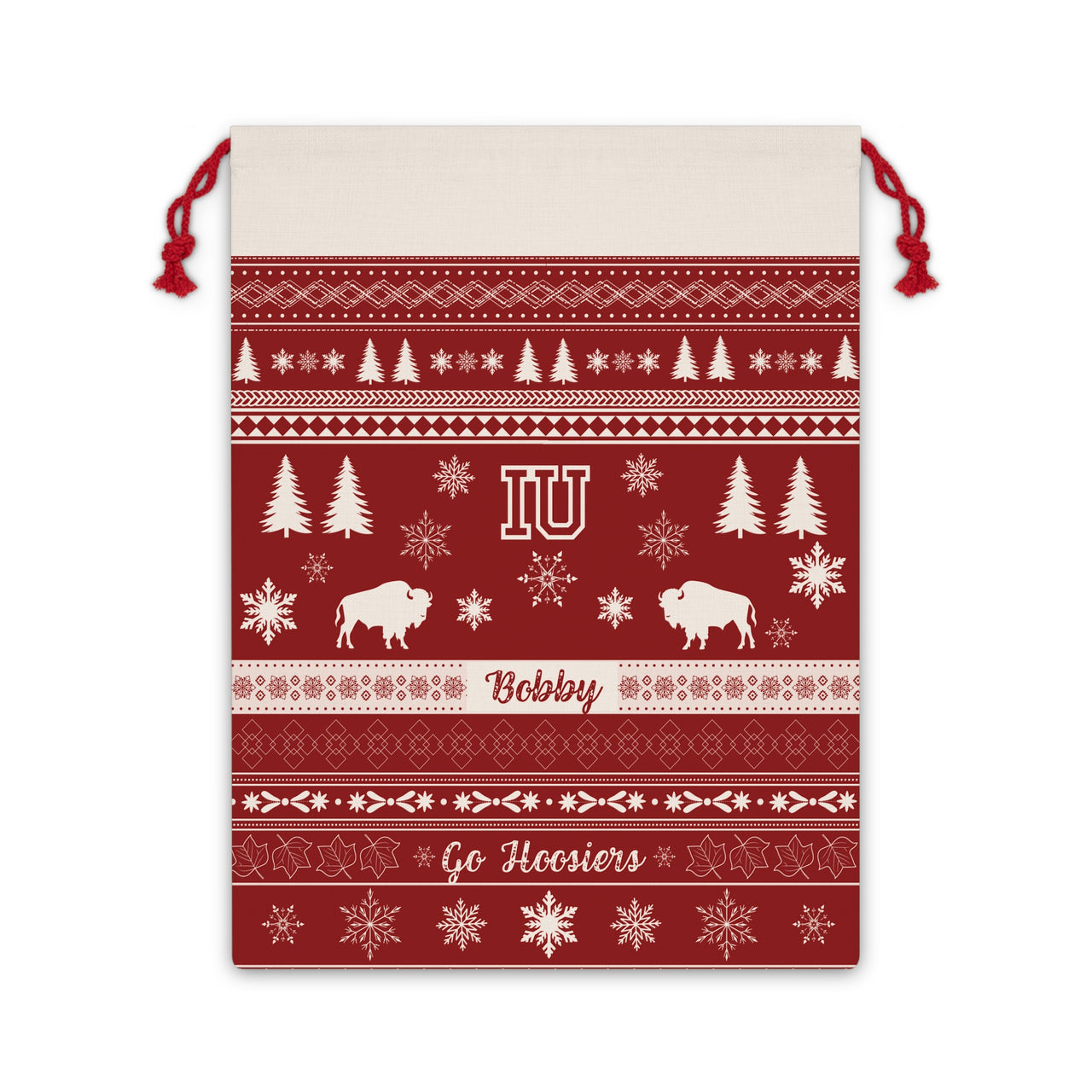 Personalized Indiana University Hoosiers Inspired Sweater Print Giant Santa Sack, Custom IU Gift Bag