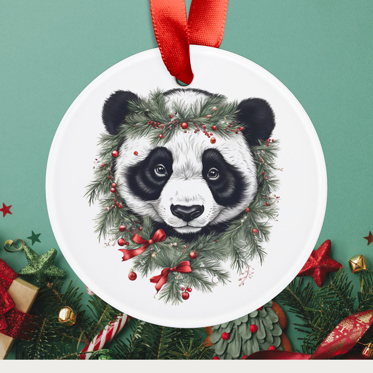 PERSONALIZED Santa Panda Acrylic Ornament with Ribbon