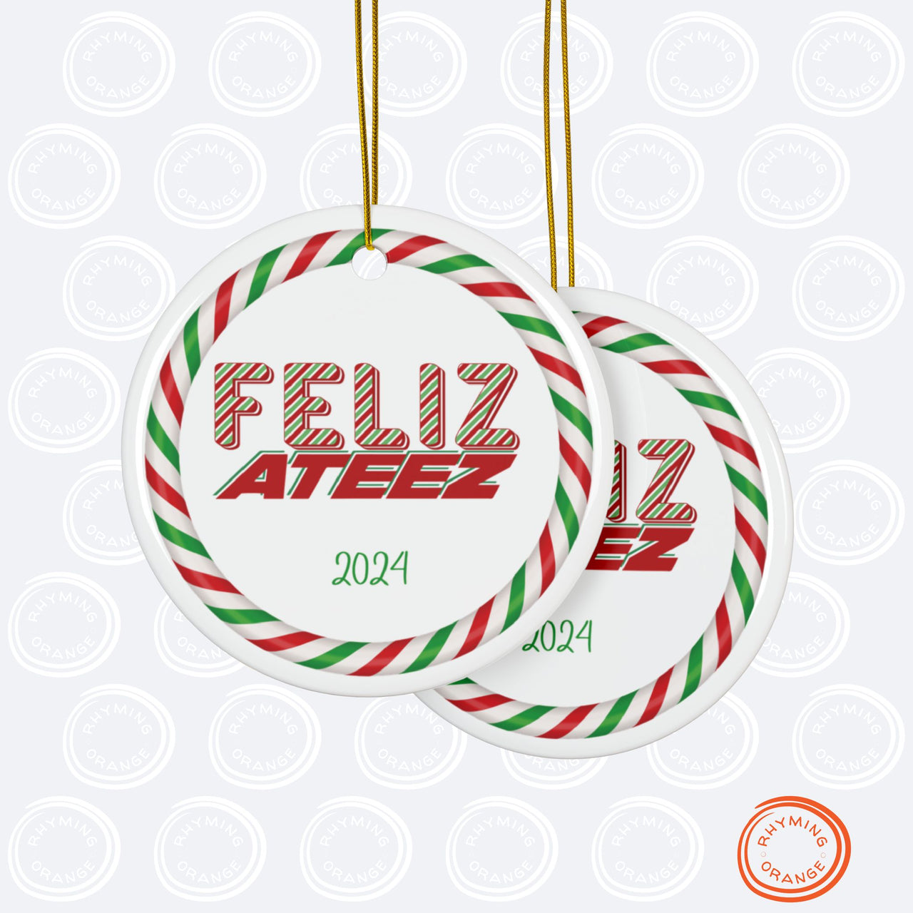 Ateez 2024 Holiday Ornament, "Feliz Ateez" Red Green White Pepperment Design Ceramic Christmas Ornament - Circle Snowflake, Atiny Merch