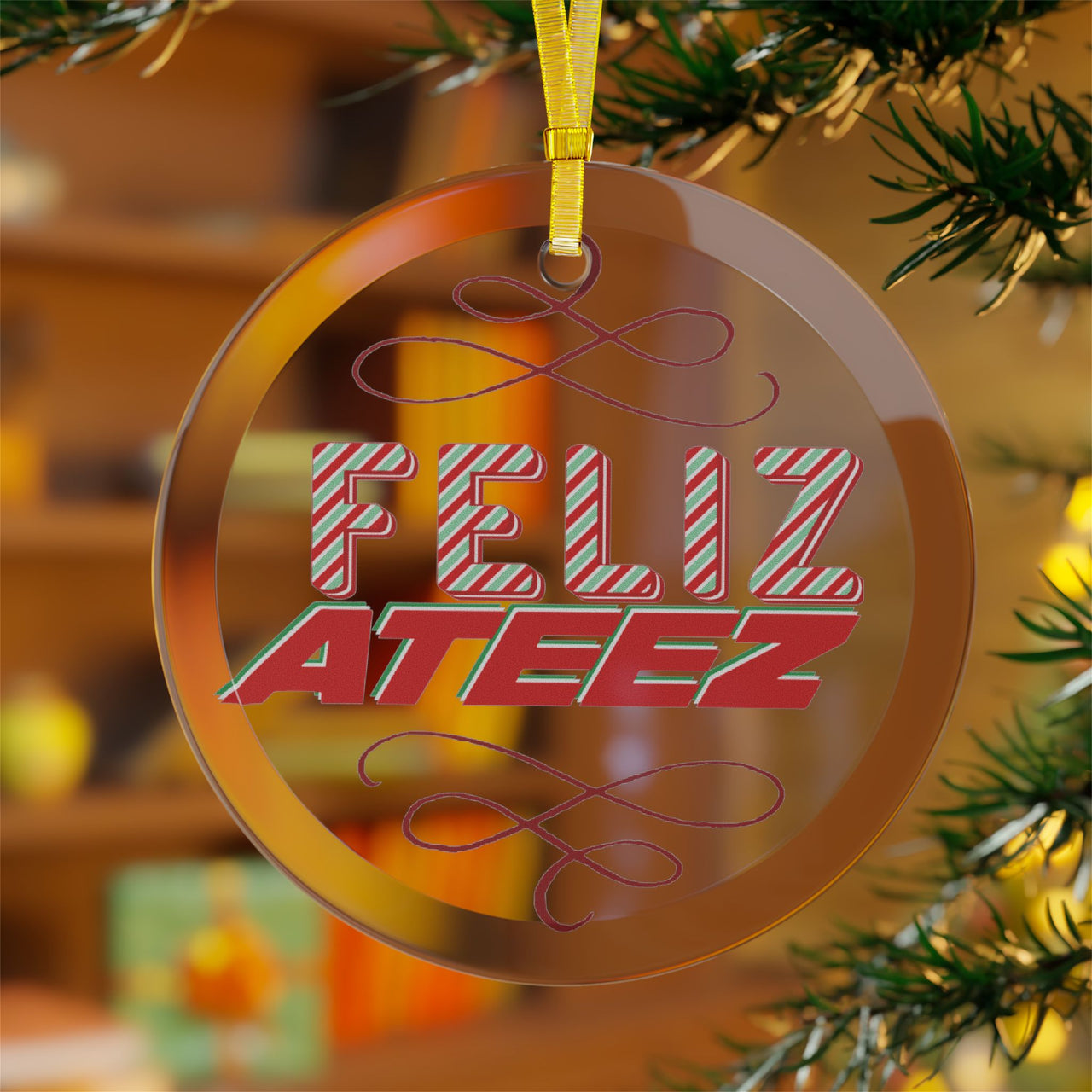 Ateez Glass Holiday Ornament, "Feliz Ateez" Scroll Design Christmas Ornament, Ateez Atiny Holiday Merch