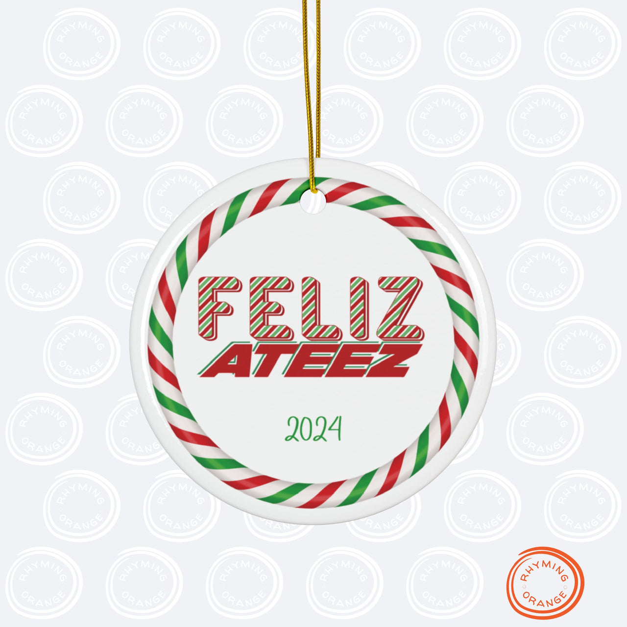 Ateez 2024 Holiday Ornament, "Feliz Ateez" Red Green White Pepperment Design Ceramic Christmas Ornament - Circle Snowflake, Atiny Merch