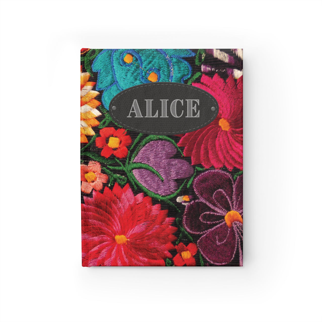 Vivid Embroidered Flowers and Leather Name Plate All-Over-Print Hardcover Journal, Matte with Lined or Blank Pages, Luxury Printed Cover