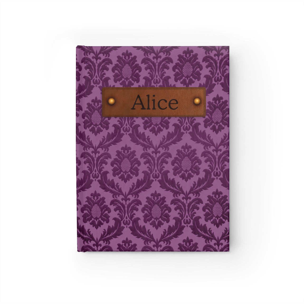 Purple Brocade and Leather Name Plate All-Over-Print Hardcover Journal, Matte with Lined or Blank Pages, Luxury Look Printed Cover