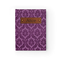 Thumbnail for Purple Brocade and Leather Name Plate All-Over-Print Hardcover Journal, Matte with Lined or Blank Pages, Luxury Look Printed Cover