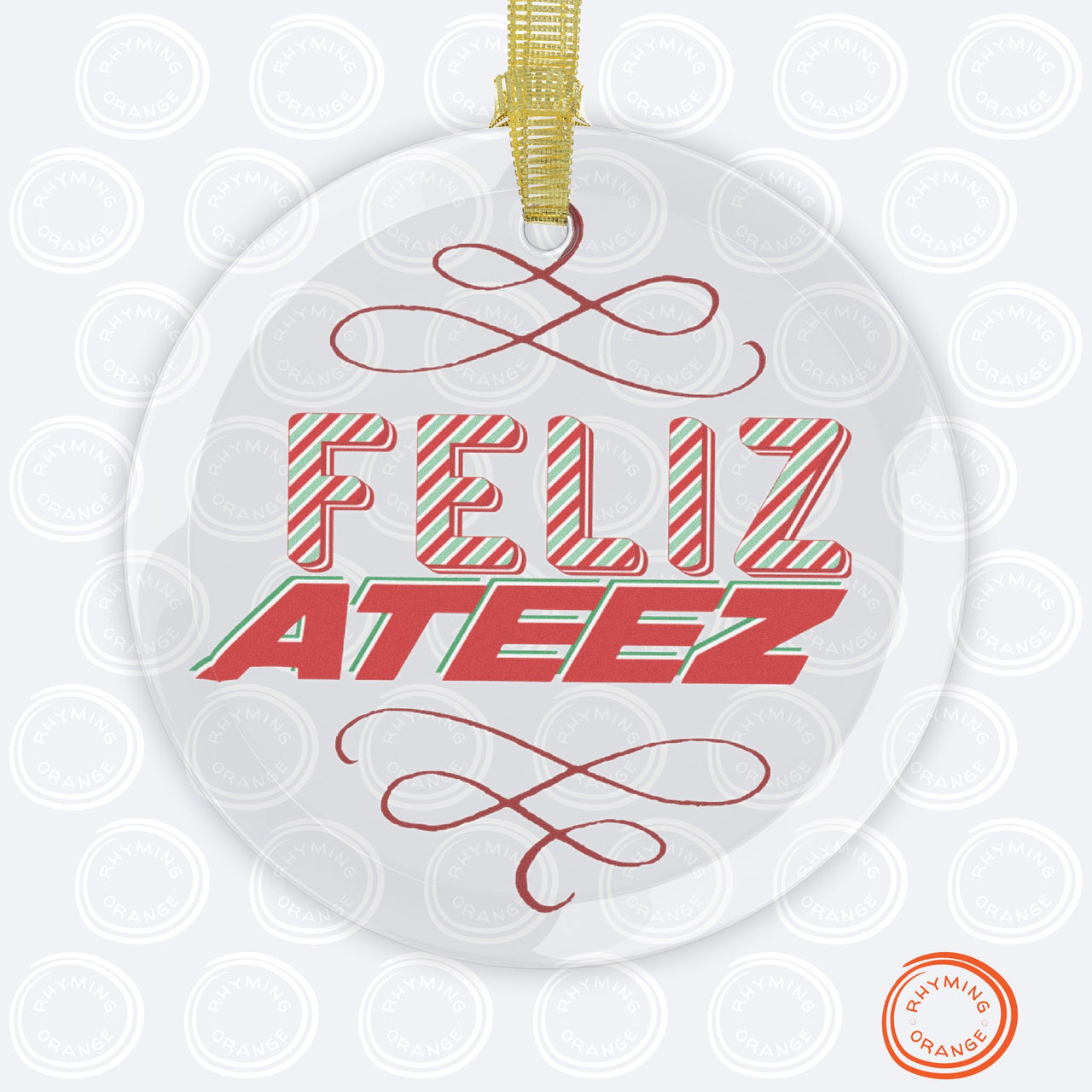 Ateez Glass Holiday Ornament, "Feliz Ateez" Scroll Design Christmas Ornament, Ateez Atiny Holiday Merch