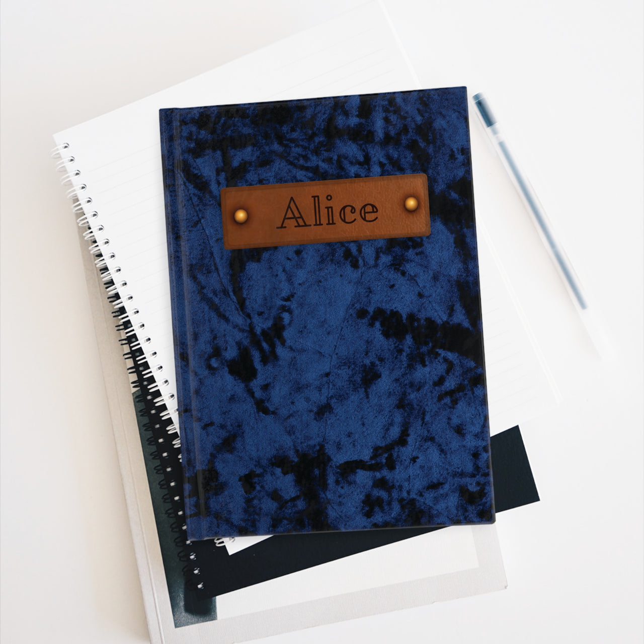 Blue Crushed Velvet Leather Name Plate All-Over-Print Hardcover Journal, Matte with Lined or Blank Pages, Luxury Look Printed Cover