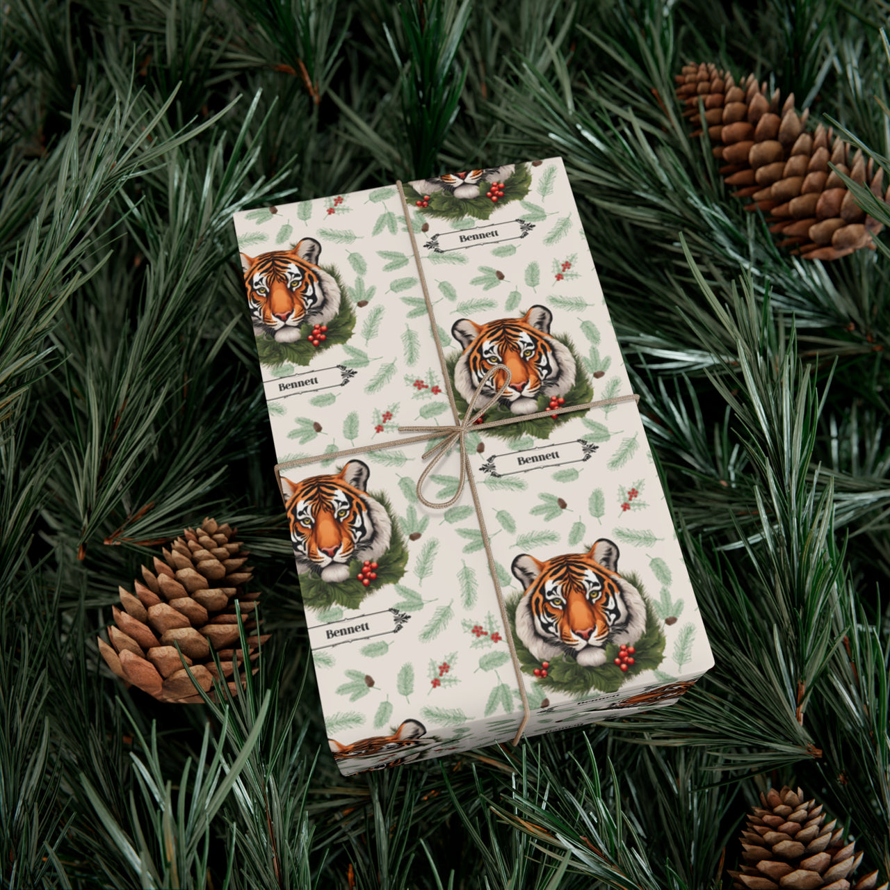 Personalized Holiday Tigers Vintage Wrapping Paper, Custom Festive Tiger Gift Wrap Rolls, Jungle Animal Print Christmas Paper