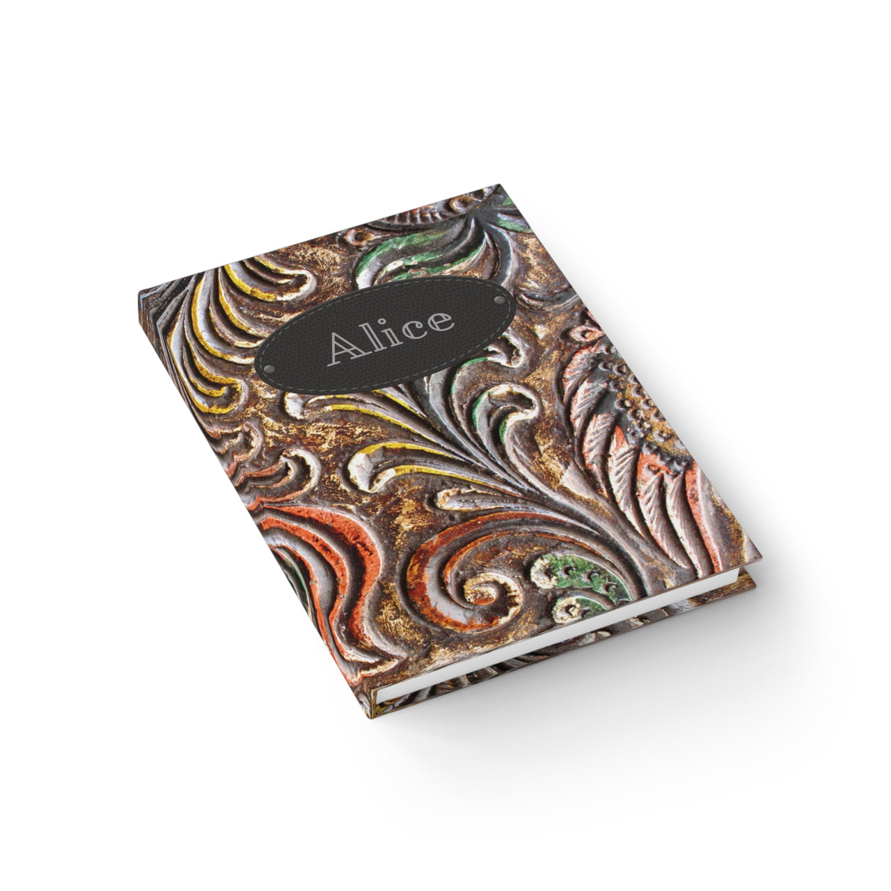 Carved Wood and Leather Name Plate All-Over-Print Hardcover Journal Matte with Lined or Blank Pages, Luxury Look Printed Cover