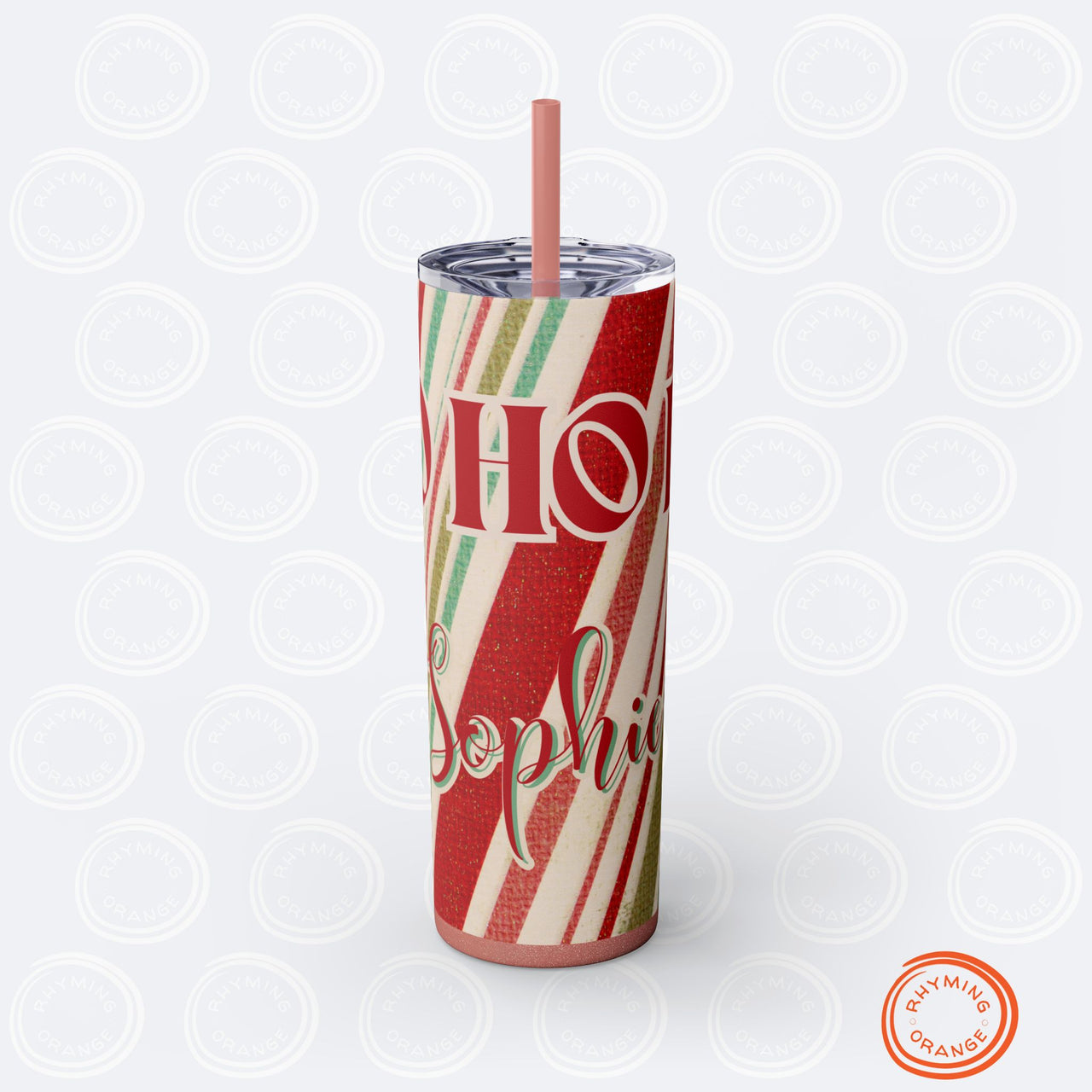 Custom HoHoHo Holiday Skinny Tumbler, Personalized 20oz Straw Insulated Christmas Travel Mug, Peppermint Print Stocking Stuffer