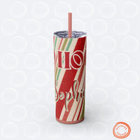 Thumbnail for Custom HoHoHo Holiday Skinny Tumbler, Personalized 20oz Straw Insulated Christmas Travel Mug, Peppermint Print Stocking Stuffer