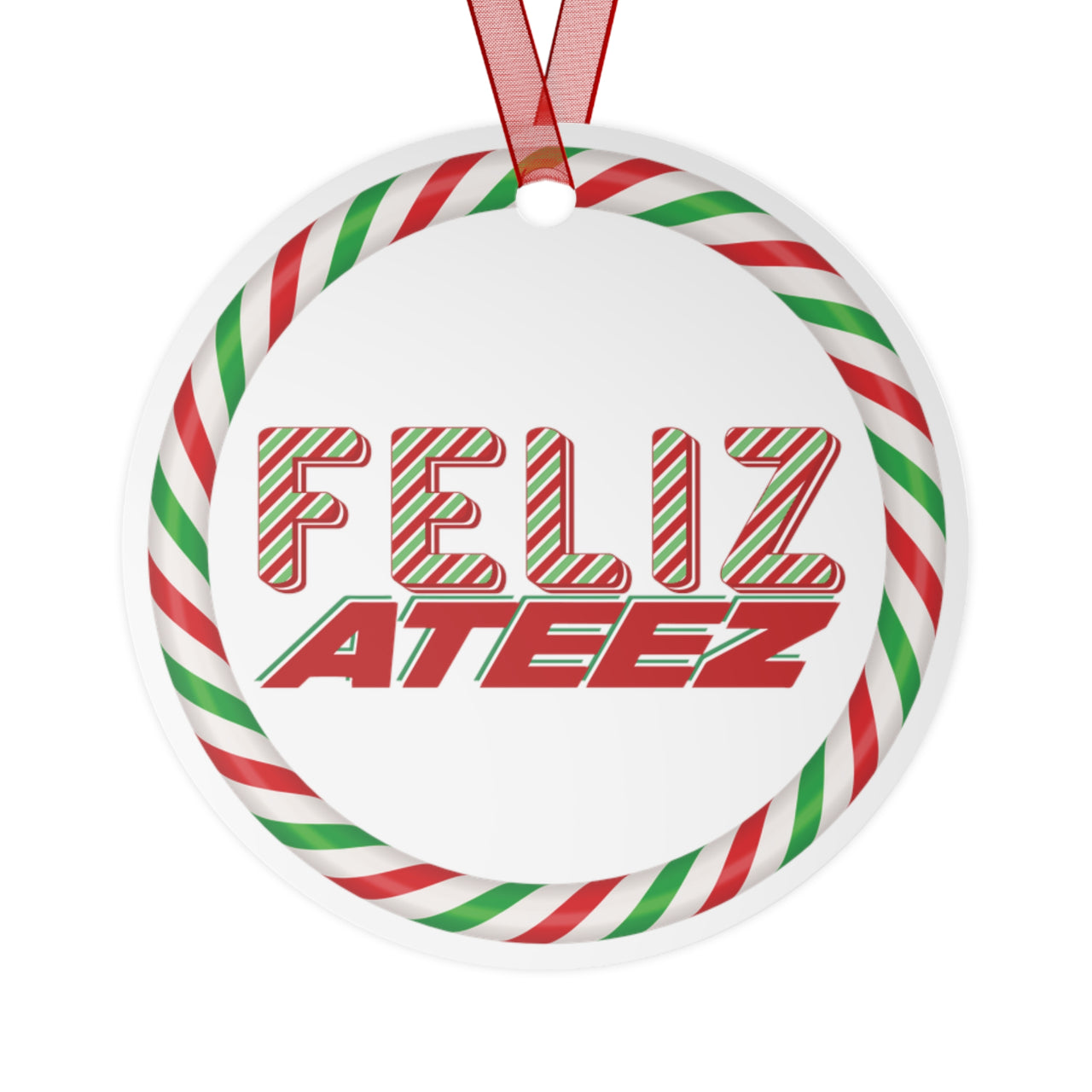 Personalized Ateez 2024 Holiday Ornament, Custom Feliz Ateez" Red Green White Pepperment Design Metal Christmas Ornament, Atiny Merch