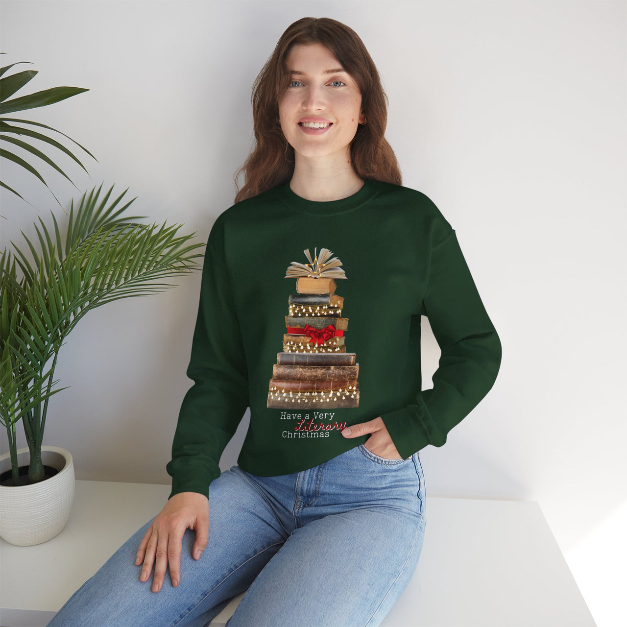 Antique Book Christmas Tree Shirt, "Have a Very Literary Christmas"  Unisex Sweatshirt with Photorealistic Books, Book Lover Holiday Gift