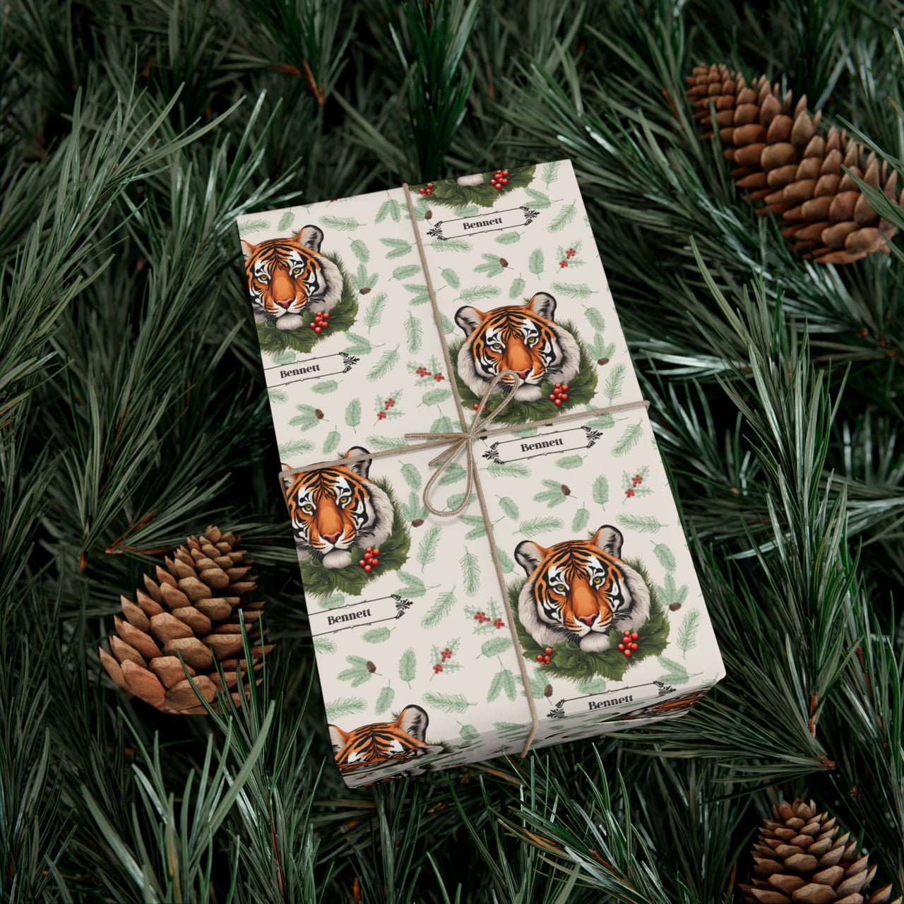 Personalized Holiday Tigers Vintage Wrapping Paper, Custom Festive Tiger Gift Wrap Rolls, Jungle Animal Print Christmas Paper