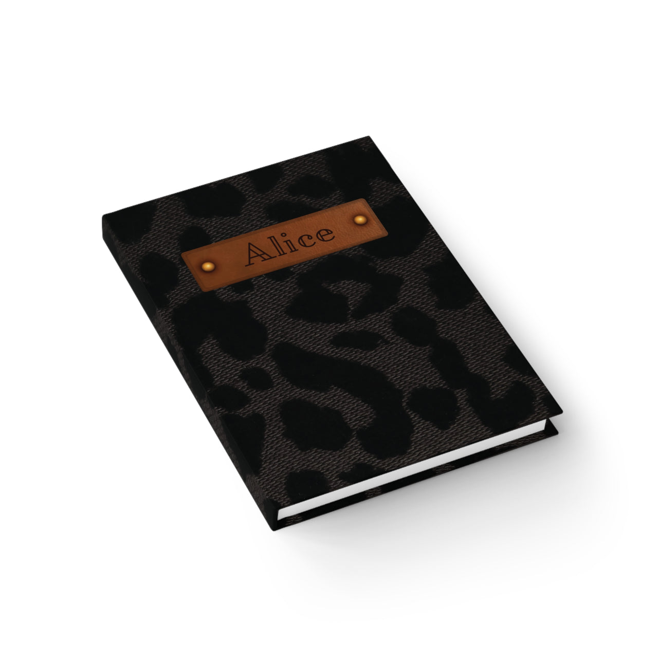 Black Velvet Cheetah and Leather Name Plate All-Over-Print Hardcover Journal, Matte with Lined or Blank Pages, Luxury Look Printed Cover