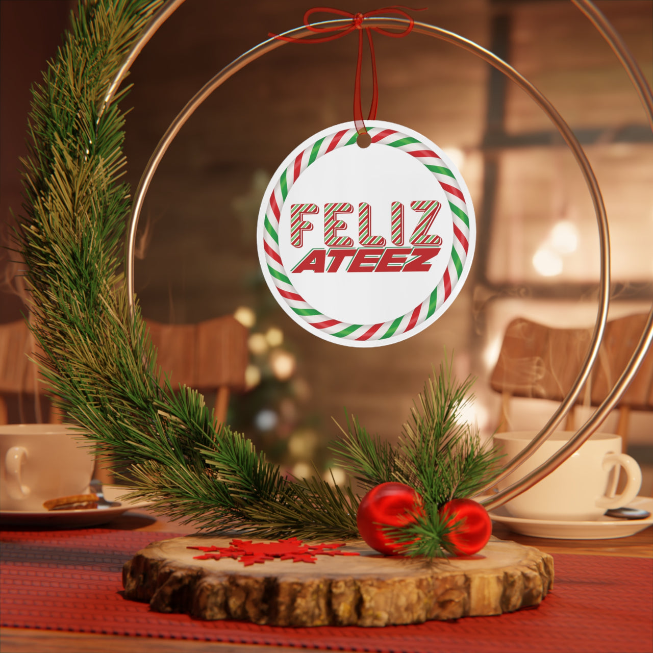 Personalized Ateez 2024 Holiday Ornament, Custom Feliz Ateez" Red Green White Pepperment Design Metal Christmas Ornament, Atiny Merch