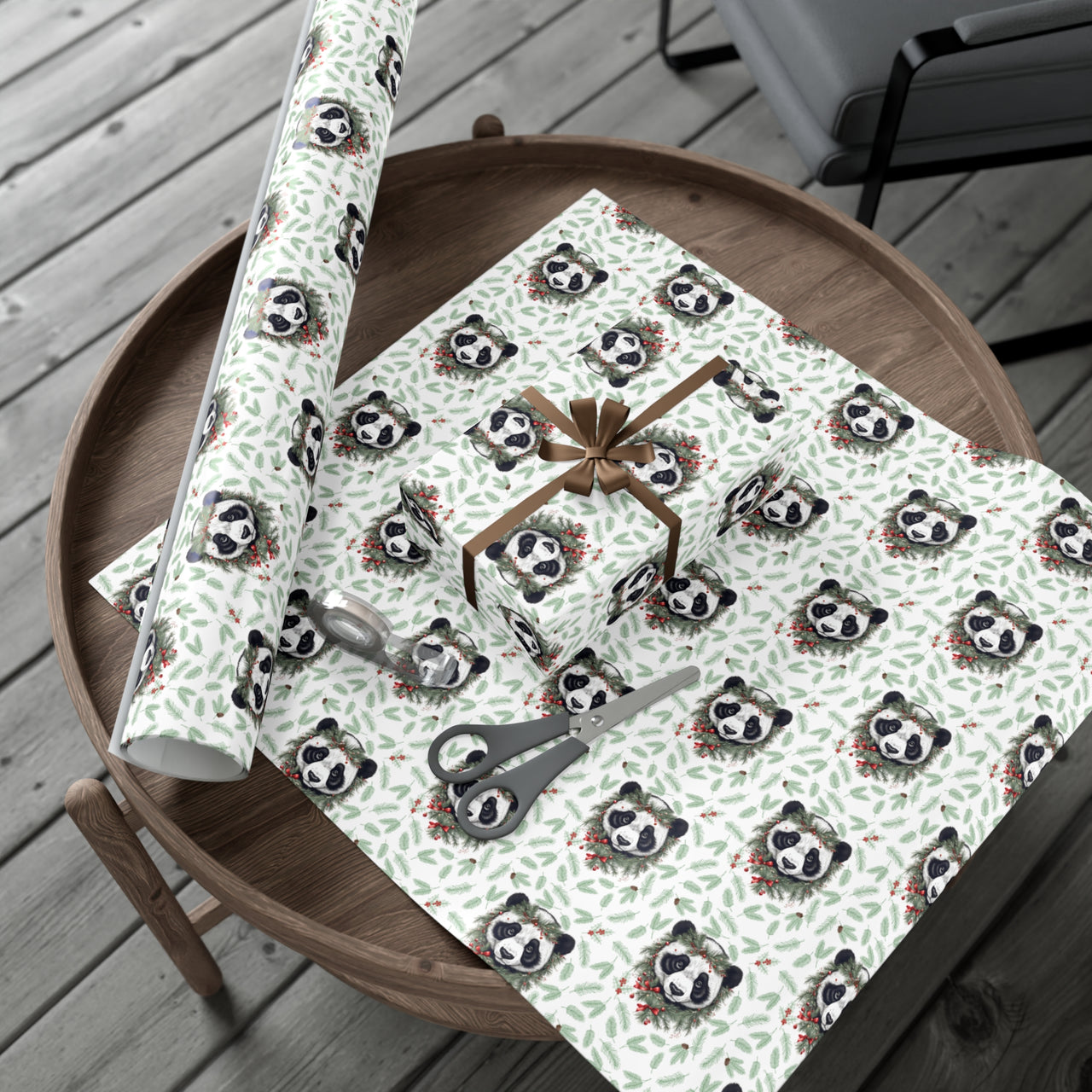 Pandas and Pines Vintage Gift Wrapping Paper, Panda Bear Holiday Gift Wrap, Christmas Jungle Print Paper