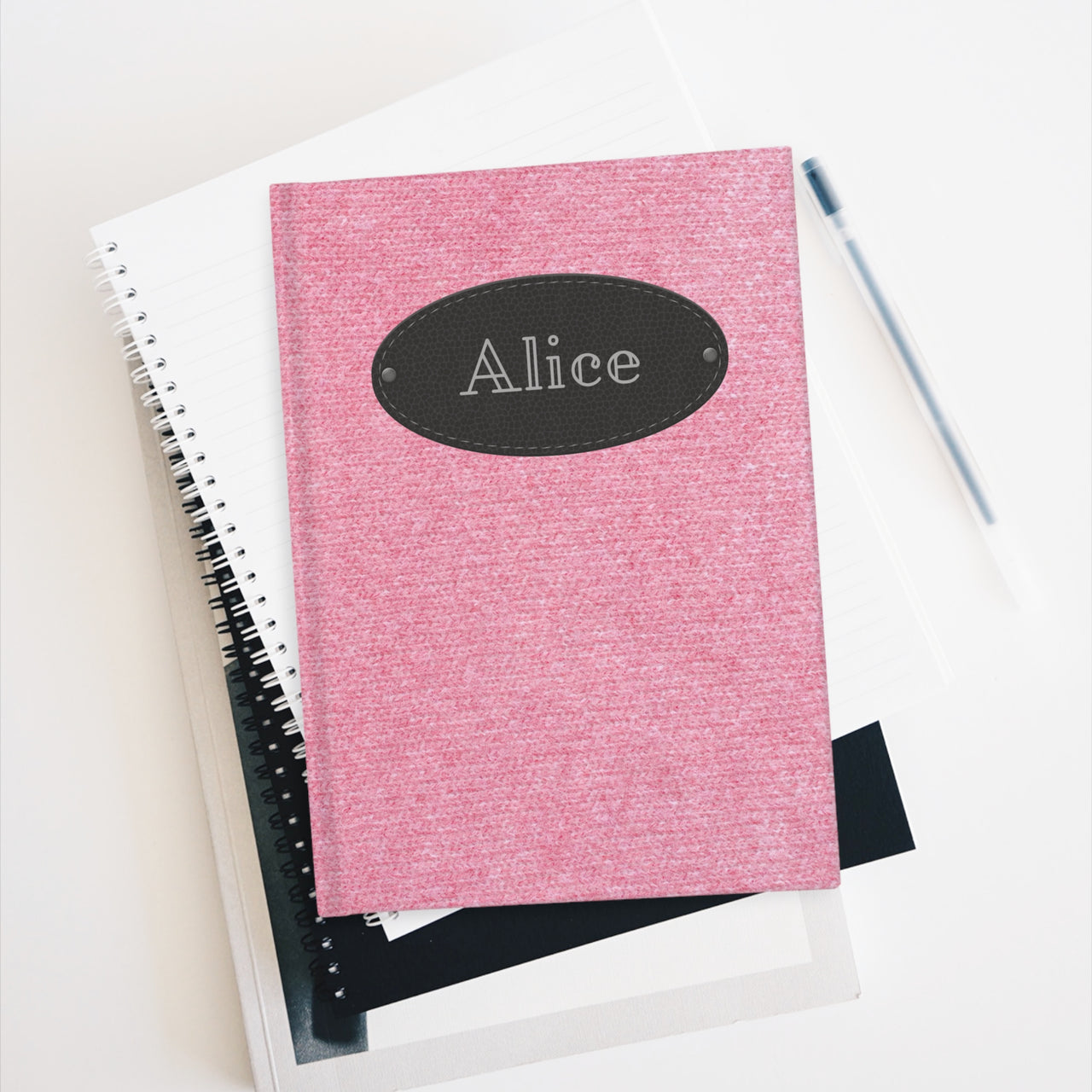 Pink Cashmere and Leather Name Plate All-Over-Print Hardcover Journal, Matte with Lined or Blank Pages, Luxury Printed Cover