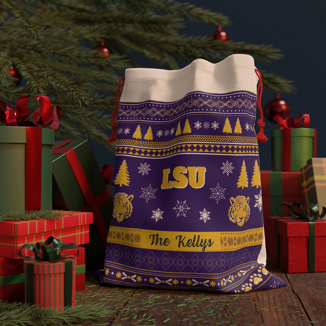 Personalized LSU Tigers Inspired Sweater Print Santa Sack Gift Bag