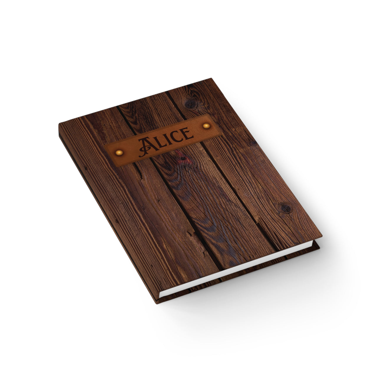 Walnut and Leather Name Plate All-Over-Print Hardcover Journal Matte with Lined or Blank Pages, Luxury Look Printed Cover