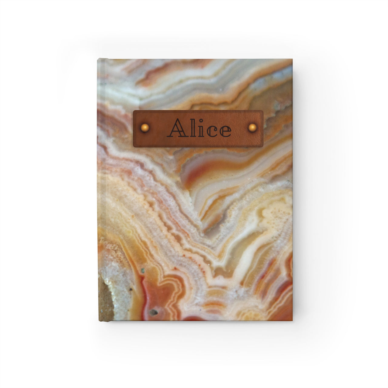 Agate and Leather Name Plate All-Over-Print Hardcover Journal, Matte with Lined or Blank Pages, Luxury Look Printed Cover