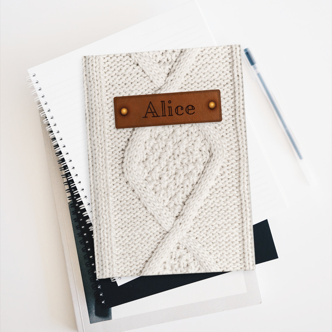 Cream Diamond Sweater and Leather Name Plate All-Over-Print Hardcover Journal, Matte with Lined or Blank Pages, Luxury Look Printed Cover