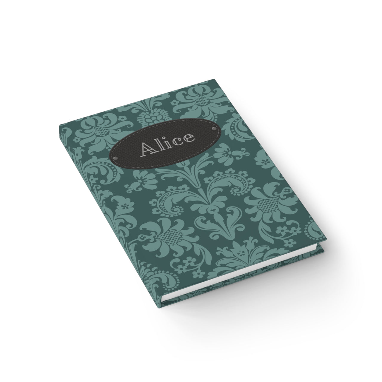 Teal Brocade and Leather Name Plate All-Over-Print Hardcover Journal, Matte with Lined or Blank Pages, Luxury Look Printed Cover