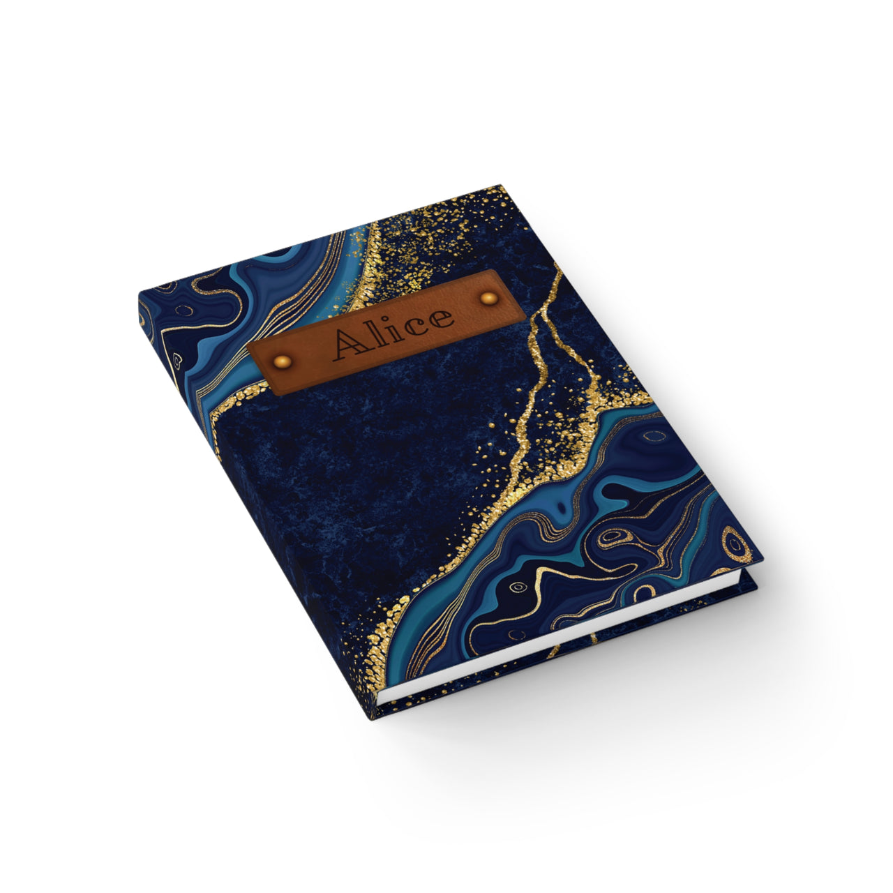 Blue Agate and Leather Name Plate All-Over-Print Hardcover Journal, Matte with Lined or Blank Pages, Luxury Look Printed Cover