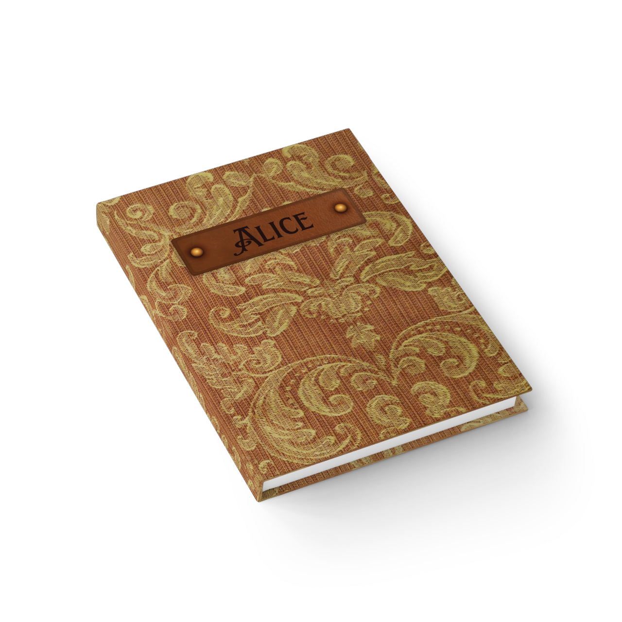 Gold Brocade and Leather Name Plate All-Over-Print Hardcover Journal, Matte with Lined or Blank Pages, Luxury Look Printed Cover