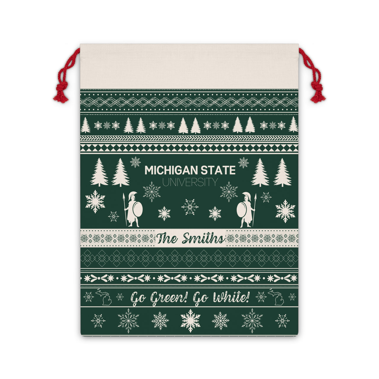 Personalized Michigan State University Spartans Inspired Sweater Print Giant Santa Sack, Custom MSU Gift Bag