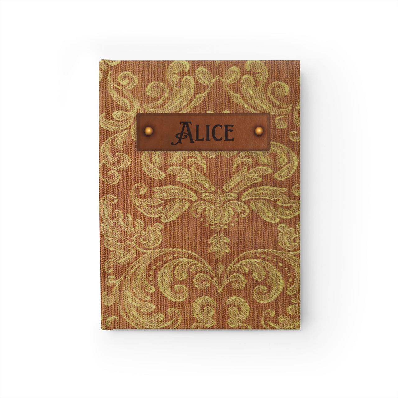 Gold Brocade and Leather Name Plate All-Over-Print Hardcover Journal, Matte with Lined or Blank Pages, Luxury Look Printed Cover