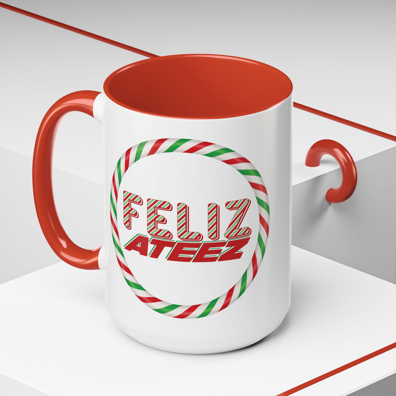 Personalized Ateez Holiday Coffee Mug, Custom "Feliz Ateez" Ceramic Red Accent Tea Mug 11, and 15oz options, KPop Christmas Atiny Fan Merch